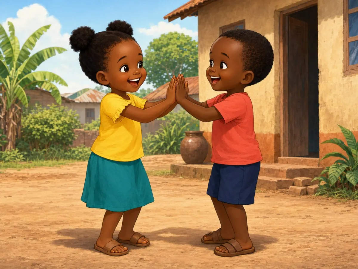 Illustration of Amara and Kato playing a clapping game outside a home